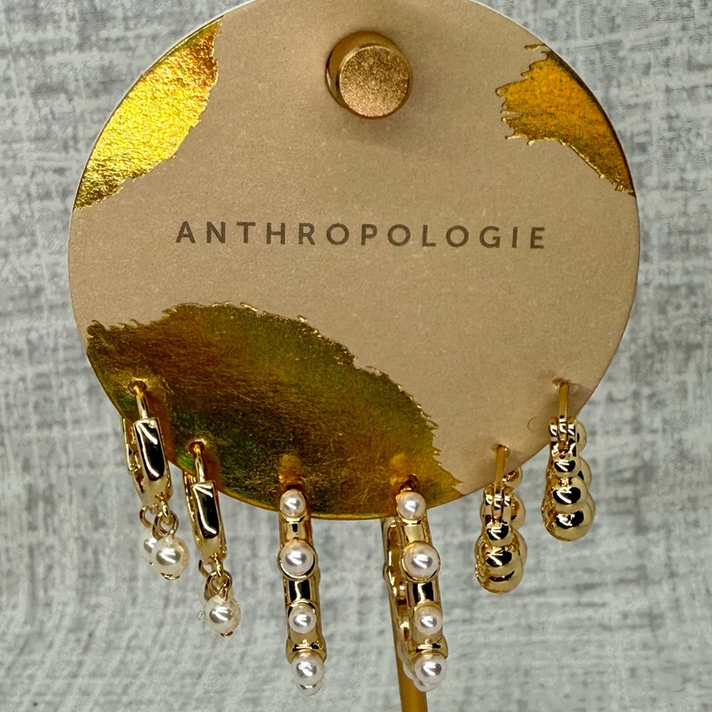 NWT Anthropologie 14k Gold Plated Mini Pearl Hoop Earring, Set of 3 - Picture 5 of 5